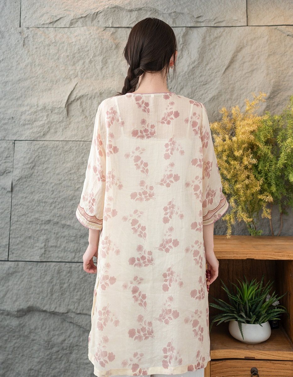  D10-Đầm Váy Ramie Hoa Lá Cổ Điển Thanh Lịch 