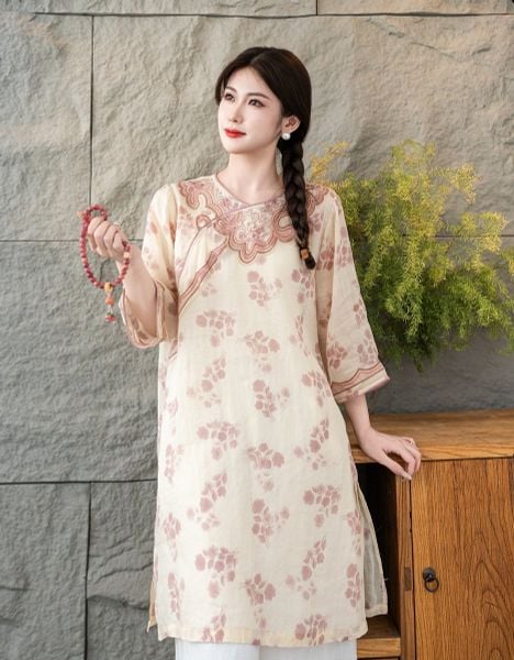  D10-Đầm Váy Ramie Hoa Lá Cổ Điển Thanh Lịch 