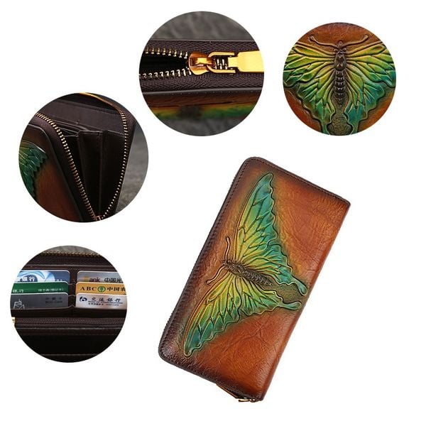  TX139-Ví Cầm Tay Da Thật Khắc Phượng Bướm 