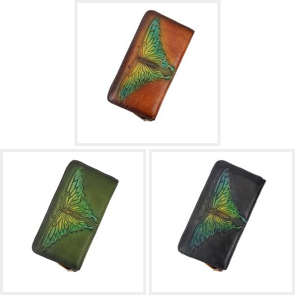  TX139-Ví Cầm Tay Da Thật Khắc Phượng Bướm 