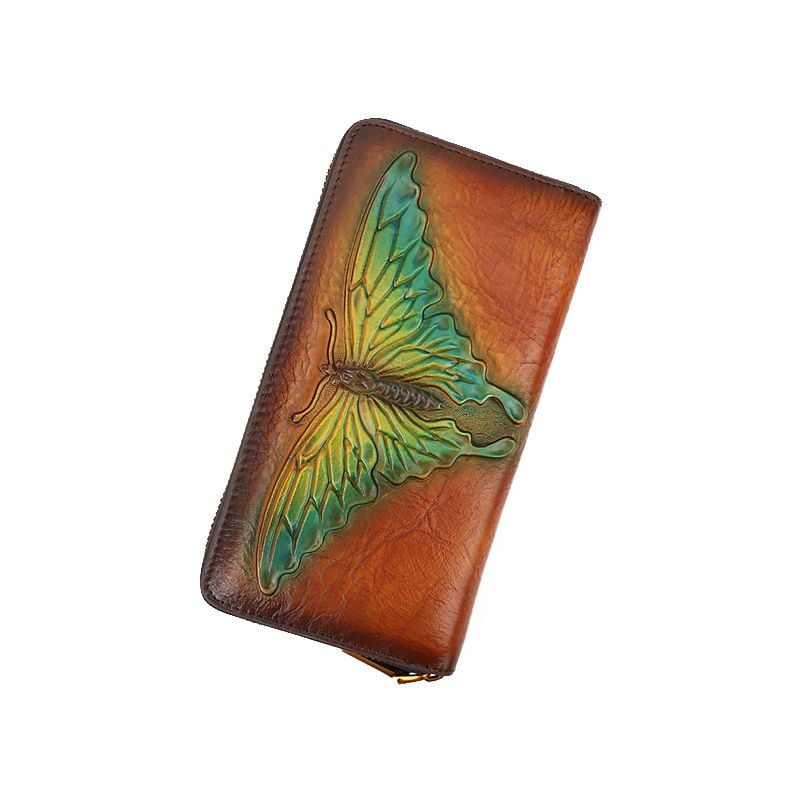  TX139-Ví Cầm Tay Da Thật Khắc Phượng Bướm 