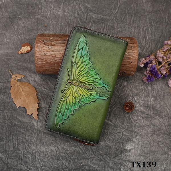  TX139-Ví Cầm Tay Da Thật Khắc Phượng Bướm 