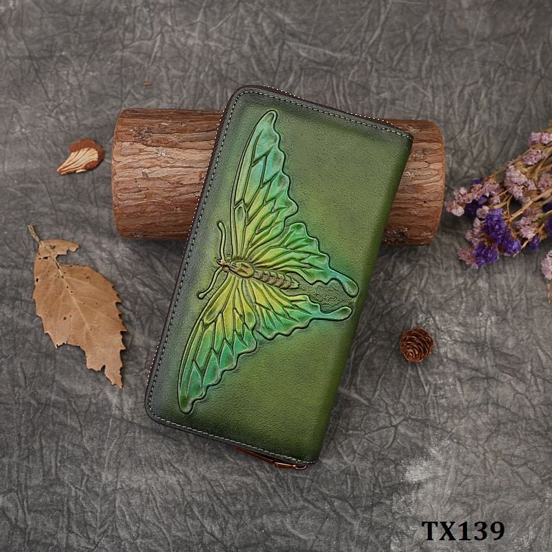  TX139-Ví Cầm Tay Da Thật Khắc Phượng Bướm 