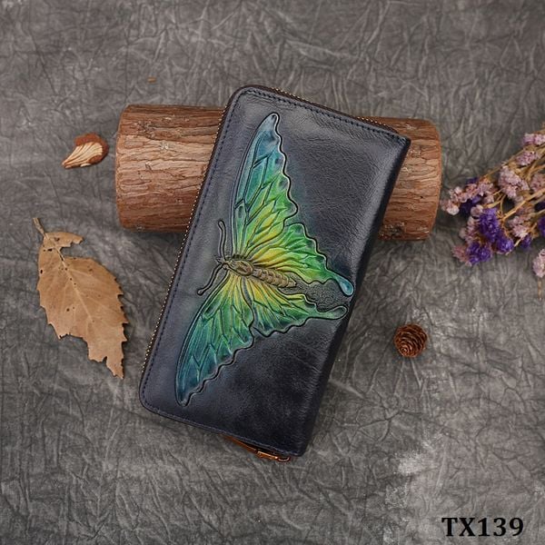  TX139-Ví Cầm Tay Da Thật Khắc Phượng Bướm 