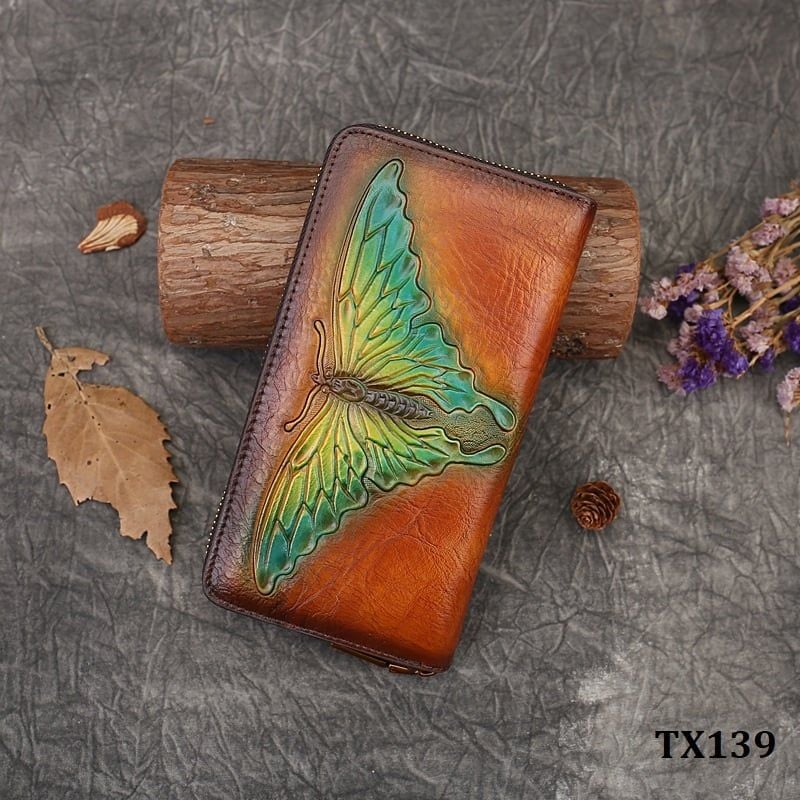  TX139-Ví Cầm Tay Da Thật Khắc Phượng Bướm 