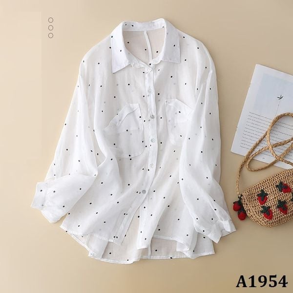  A1954-Áo Sơ Mi Ramie Chấm Bi 2 Túi Cách Điệu 