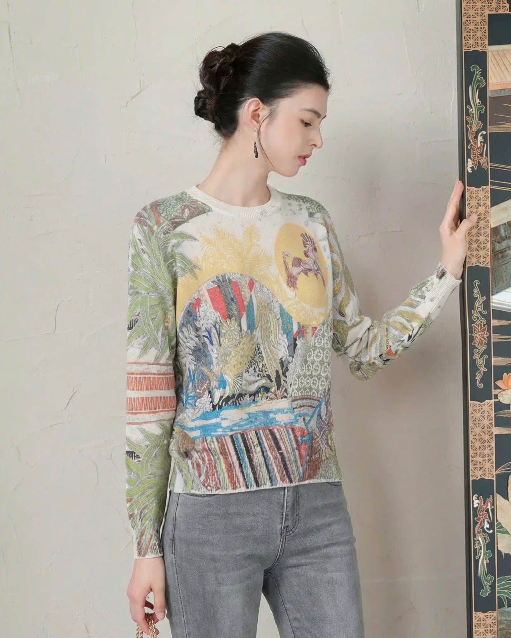  A823-Áo Len Dệt Kim Họa Tiết Nghệ Thuật Mùa Thu 