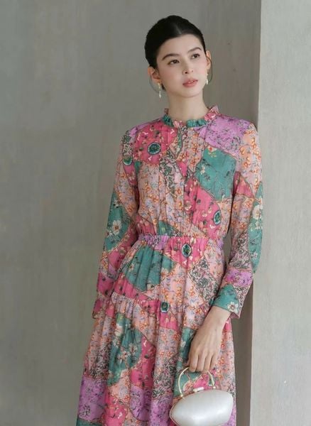  D196- Đầm Ramie Hoa Văn Ghép 