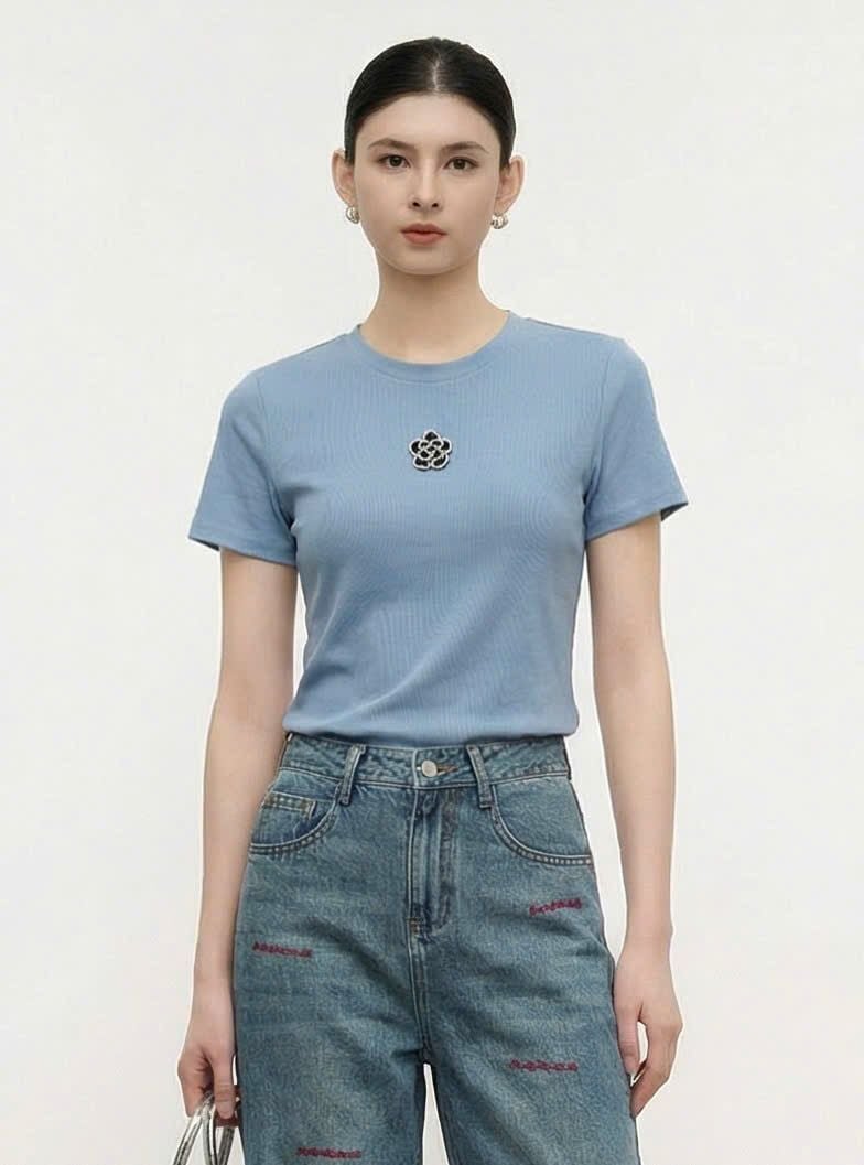  AT22-Áo Thun Lụa Mịn Đính Hoa Hồng 