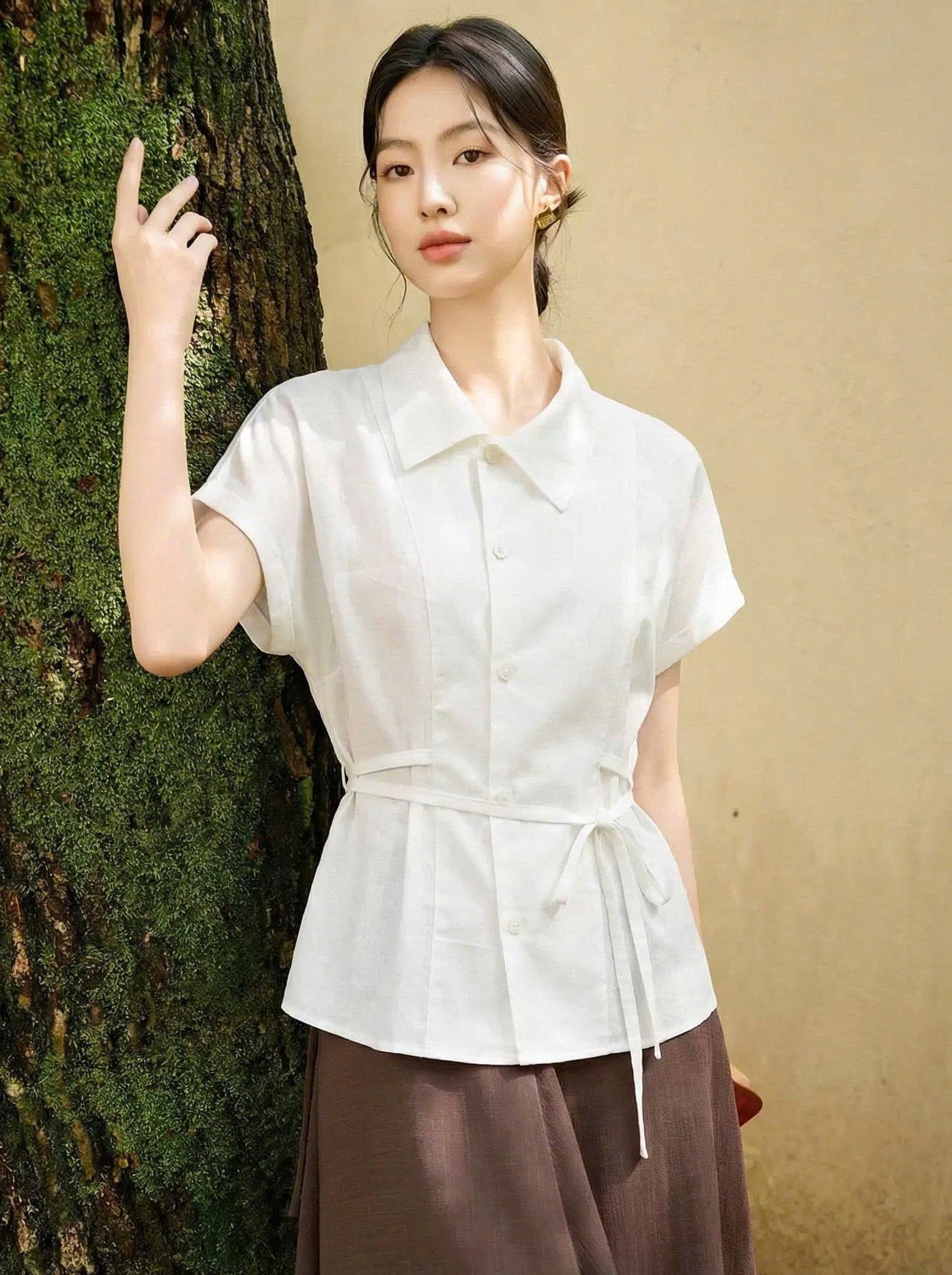  A846-Áo Sơ Mi Cotton Nút Lệch 