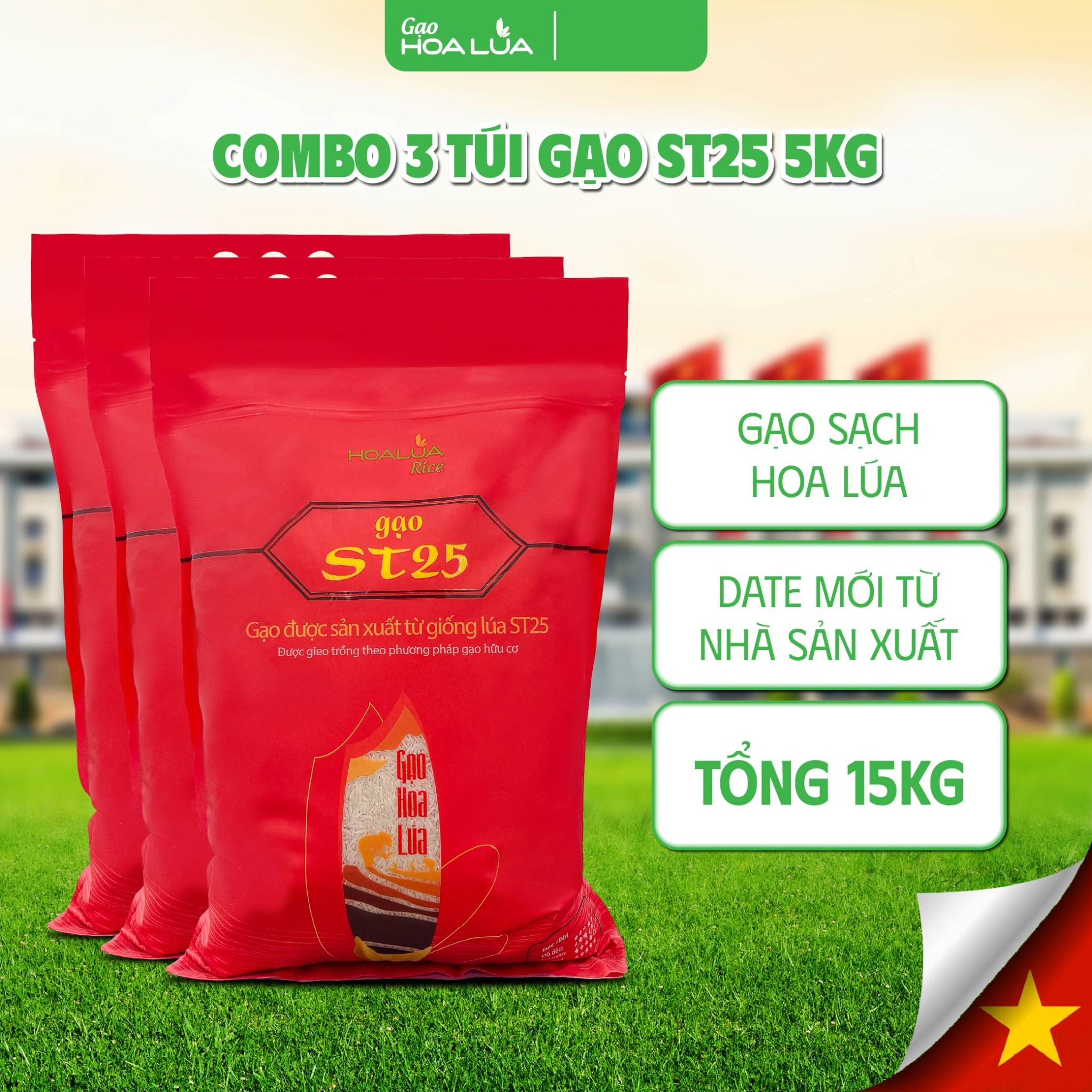 Combo 3 túi gạo ST25 5kg/ túi (Tổng đơn 15kg) Dẻo nhiều, để nguội vẫn mềm cơm chính hãng