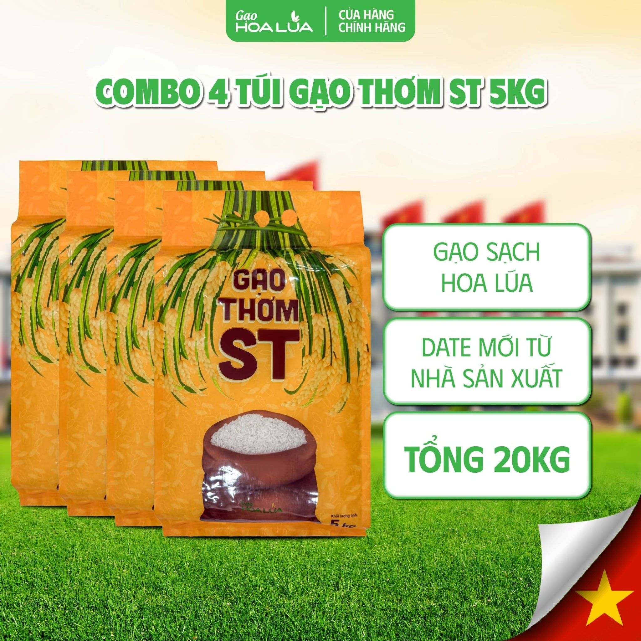 Combo 4 túi gạo Thơm ST 5kg/ túi (Tổng đơn 20kg) Dẻo vừa, thơm ngon phù hợp nhiều gia đình
