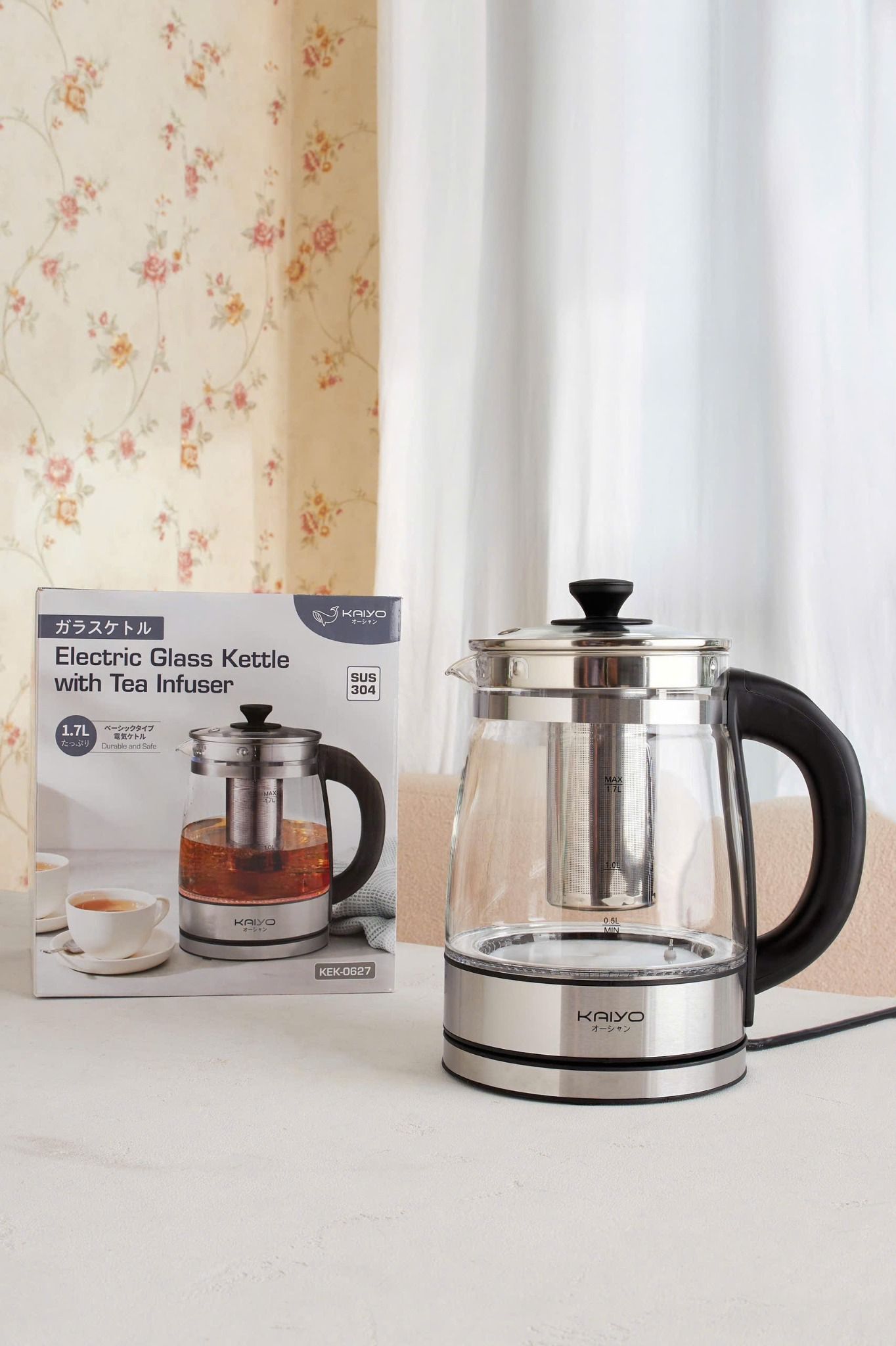  A480- Ấm siêu tốc thủy tinh kèm lõi lọc trà Kaiyo 1,7l KEK062 