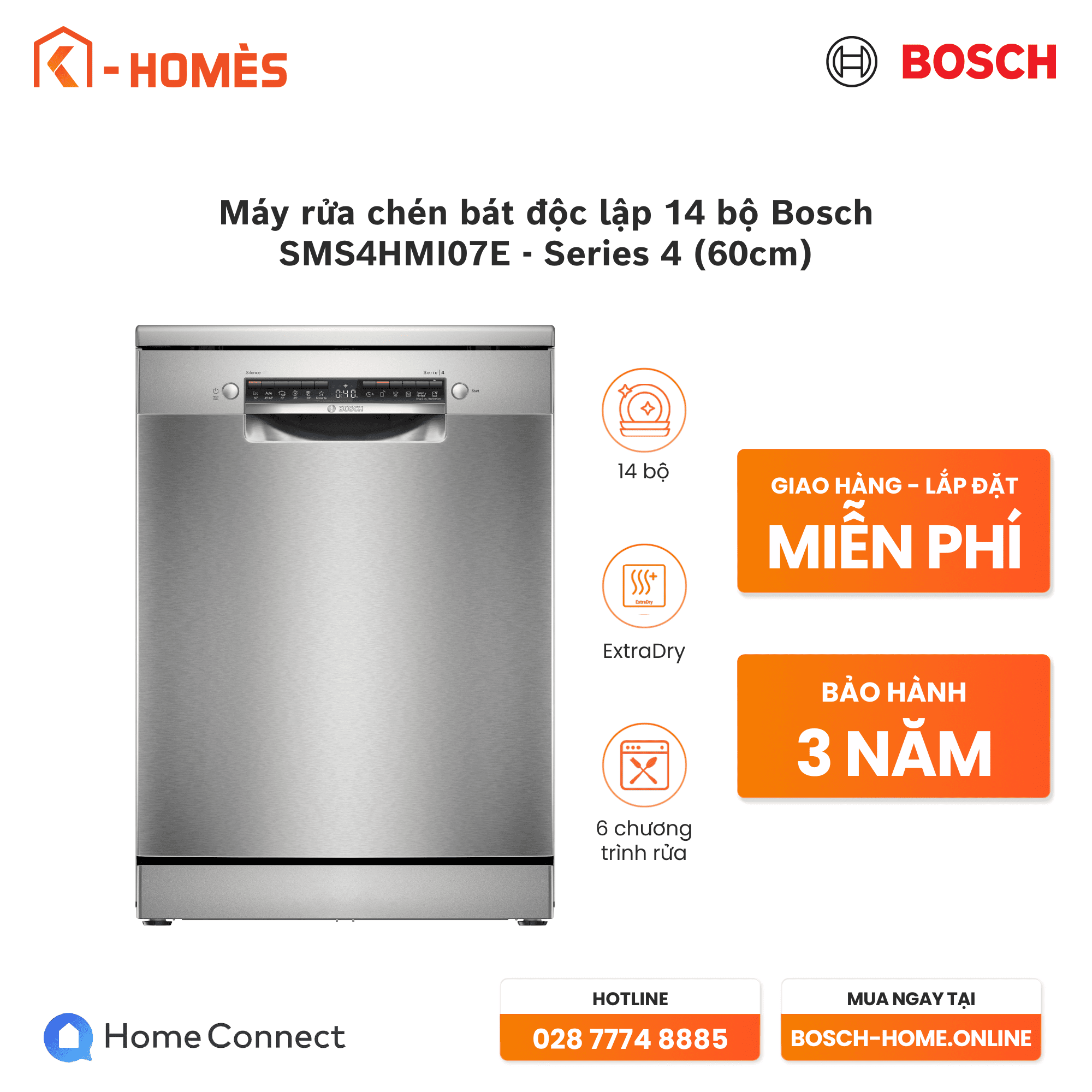 Máy rửa chén bát độc lập 14 bộ Bosch SMS4HMI07E - Series 4 (60cm)