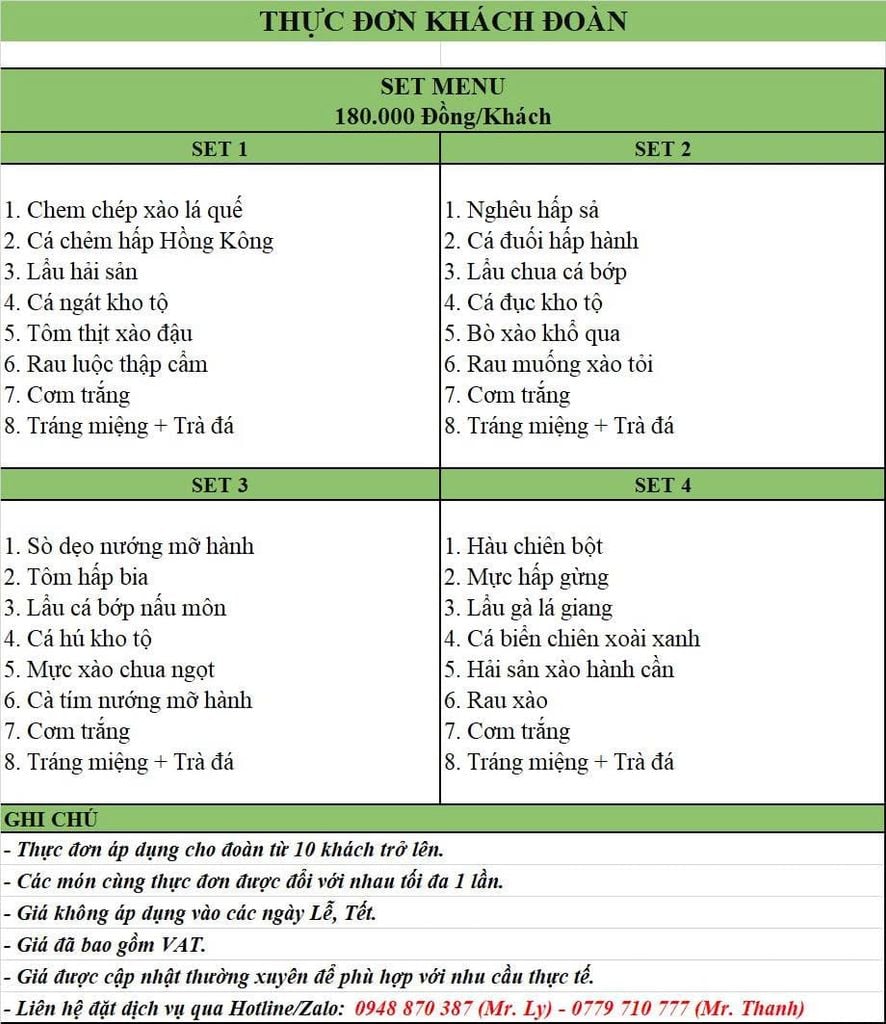  Thực đơn 180 