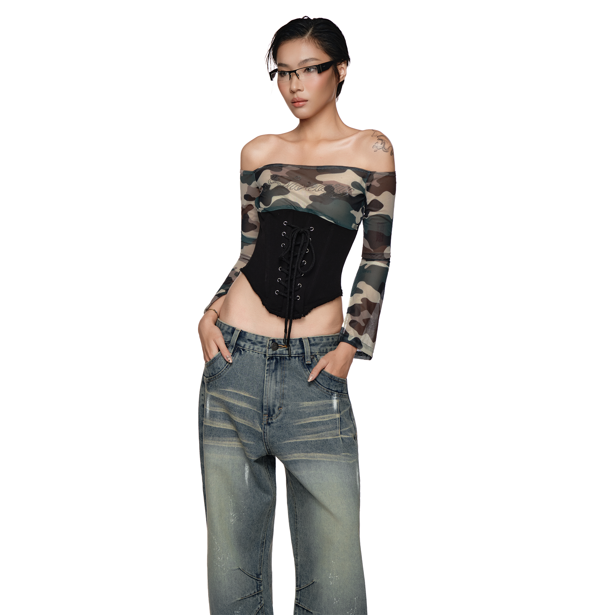  SWE OFF-SHOULDER CORSET TOP - BLACK 