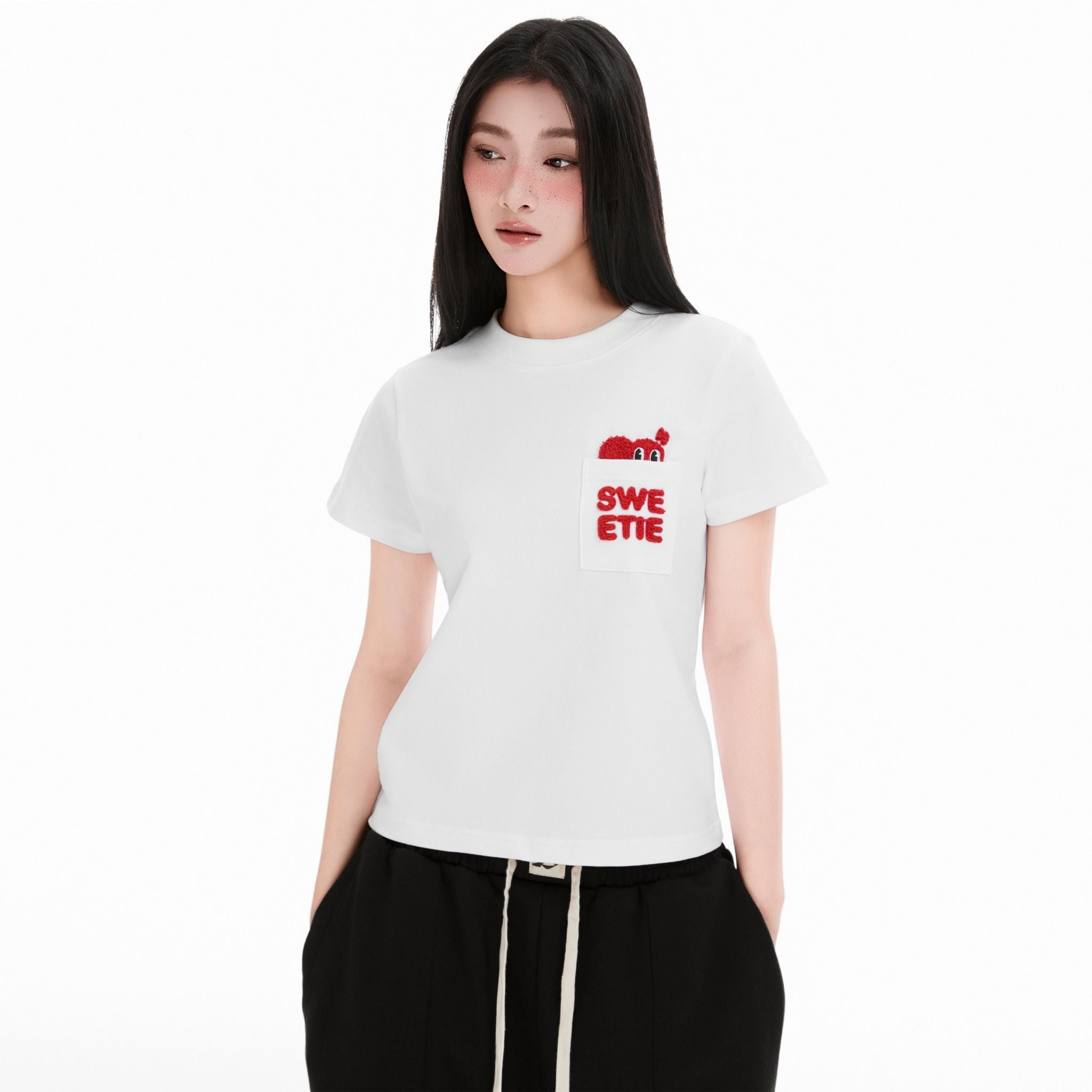  SWE PEEKING POCKET BABY TEE - WHITE 