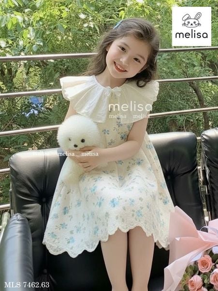 MLSDCC.7462 - Váy Melisa màu xanh hoa nhí cổ bèo trắng size 1-10y