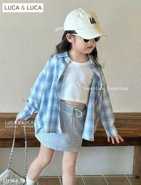 LU 960 - Set 3ct LUCA áo sơ mi caro xanh dài tay + áo trắng + chân váy bé gái size 2-12y