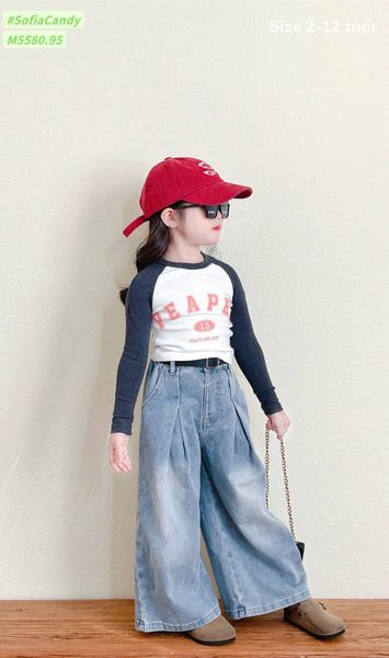 M5580 - Set Mia Kids áo thun trắng PEAPEA tay navy - quần jean ống xuông size 2 - 12y
