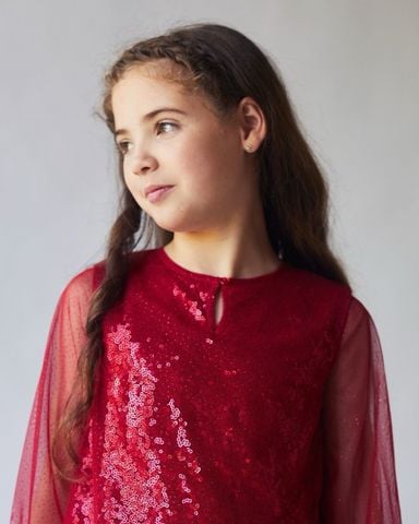 V00122 - Váy kim sa phối voan màu đỏ size 4 - 12y