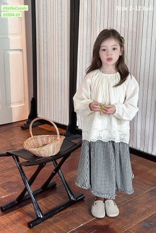 S5584 - Set Sofia Candy Áo sơ mi thêu màu be + chân váy kẻ bé gái size 2-12y