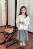 S5584 - Set Sofia Candy Áo sơ mi thêu màu be + chân váy kẻ bé gái size 2-12y