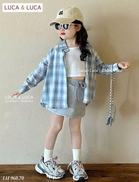 LU 960 - Set 3ct LUCA áo sơ mi caro xanh dài tay + áo trắng + chân váy bé gái size 2-12y