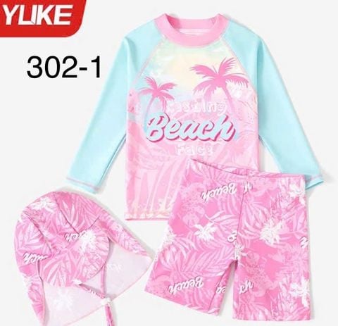 YY302 - Set 3ct bơi YUKE kèm mũ dài tay chống nắng Beach bé gái size 100-160