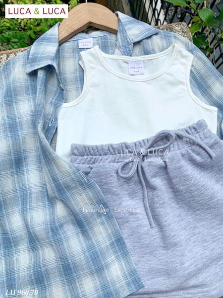 LU 960 - Set 3ct LUCA áo sơ mi caro xanh dài tay + áo trắng + chân váy bé gái size 2-12y
