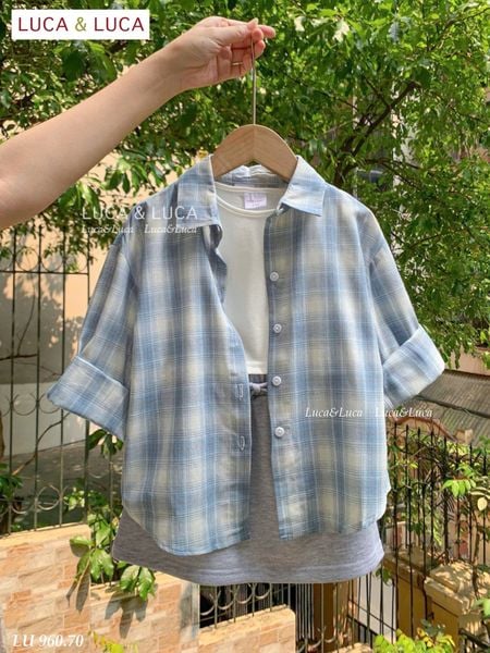LU 960 - Set 3ct LUCA áo sơ mi caro xanh dài tay + áo trắng + chân váy bé gái size 2-12y