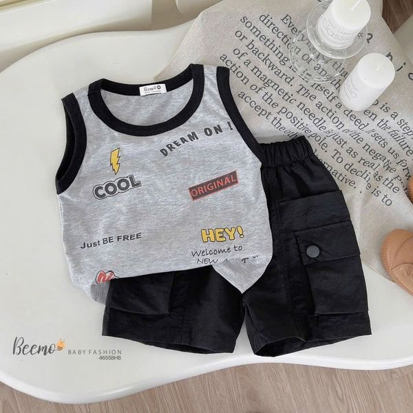 BBT34 - Bộ Beemo áo cotton sát nách + quần kaki bé trai size 80-130 (form to)