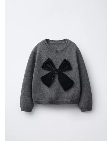 ALBG02 - Áo len màu ghi đính nơ nhung đen size 12m - 6y