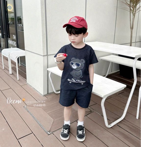 5144BHB - Bộ Beemo cổ tròn thêu gấu cho bé trai size 1-6y