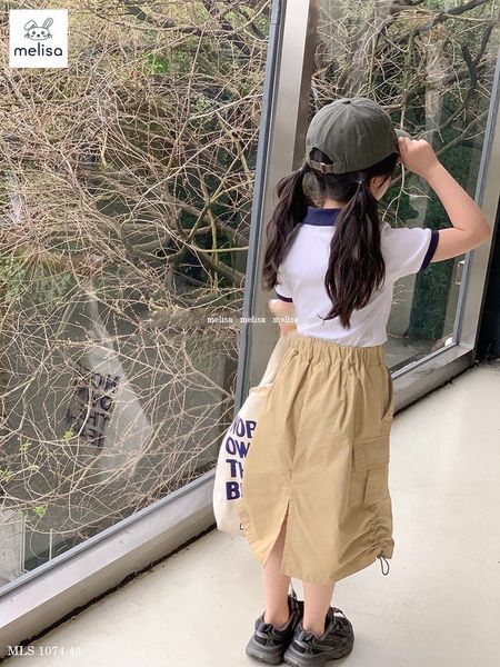 MLS212 - Set Melisa áo trắng cổ đức + chân váy kaki dài túi hộp size 2-12y