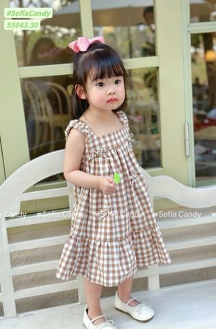 S5043 - Váy Sofia Candy 2 dây kẻ phối nơ màu nâu bé gái size 1-10y