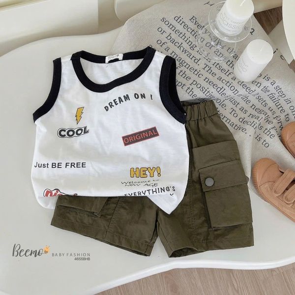 BBT34 - Bộ Beemo áo cotton sát nách + quần kaki bé trai size 80-130 (form to)