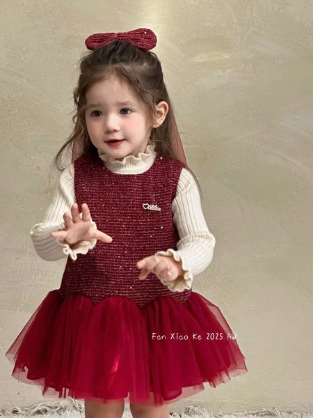 F25197 - Set 3ct QC Fanxiaoke áo len tăm + váy kèm kẹp nơ bé gái xanh/đỏ size 80-120