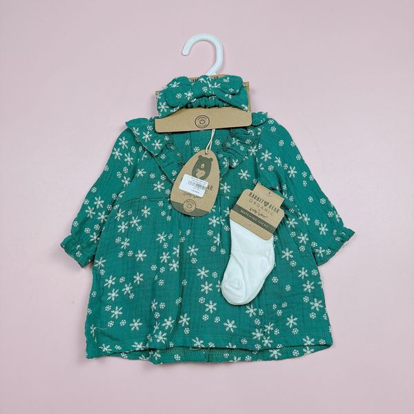 V00077 - Set 4ct váy muslin + quần chip + băng đô + tất bé gái size 3-12m