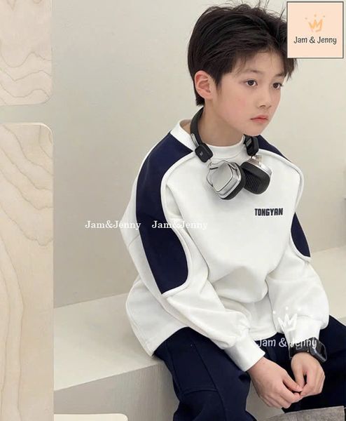 JJ 5989 - Bộ nỉ hai da Jam & Jenny áo trắng in 2 mặt + quần đen bé trai size 6-12y