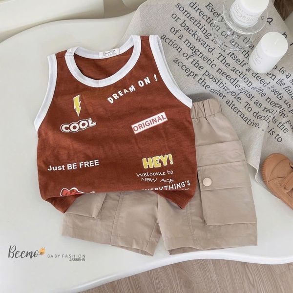 BBT34 - Bộ Beemo áo cotton sát nách + quần kaki bé trai size 80-130 (form to)