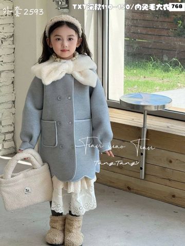 AK07 - Áo khoác dạ lông cừu dáng dài cổ lông 2 màu cho bé size 110-150