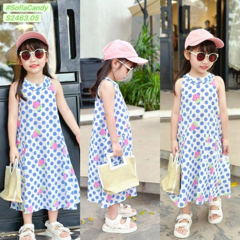 V00037 - Váy Sofia Candy thô đũi sát nách trắng chấm bi xanh dâu tây size 1 - 10y