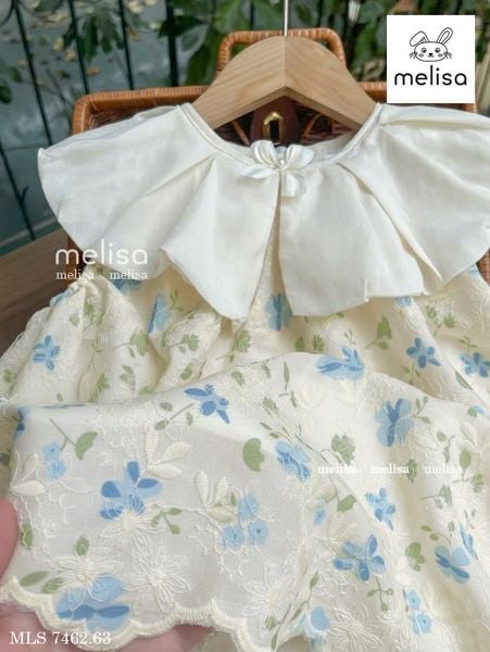 MLSDCC.7462 - Váy Melisa màu xanh hoa nhí cổ bèo trắng size 1-10y