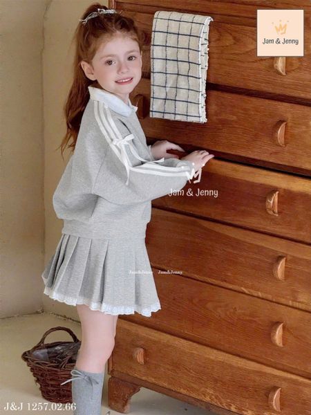 JJ 1257 - Set bộ nỉ da cá Jam & Jenny đính 1 bên nơ màu navy/ghi bé gái size 2-12y