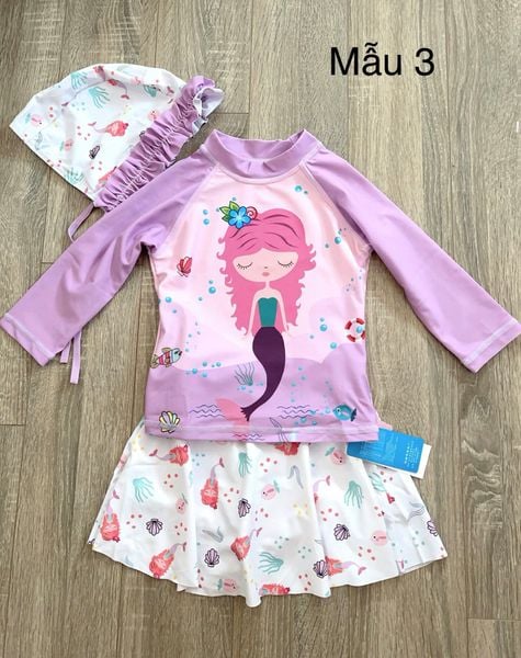 DB00040 - Bộ bơi 3ct kèm mũ hoạ tiết tiên cá nhiều màu cho bé gái size 90-140