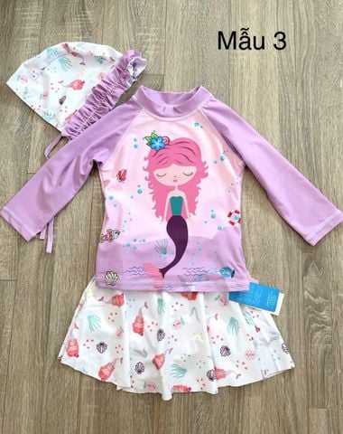 DB00040 - Bộ bơi 3ct kèm mũ hoạ tiết tiên cá nhiều màu cho bé gái size 90-140