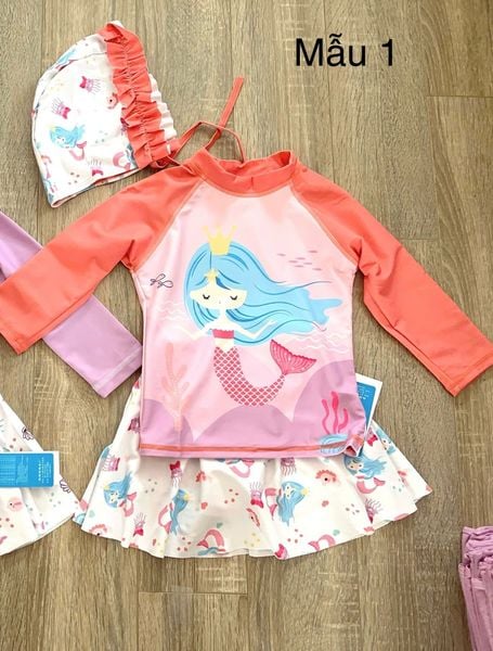 DB00040 - Bộ bơi 3ct kèm mũ hoạ tiết tiên cá nhiều màu cho bé gái size 90-140