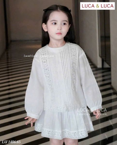 Lu 1406 - Bộ Luca áo + chân váy trắng phối ren bé gái size 2-12y
