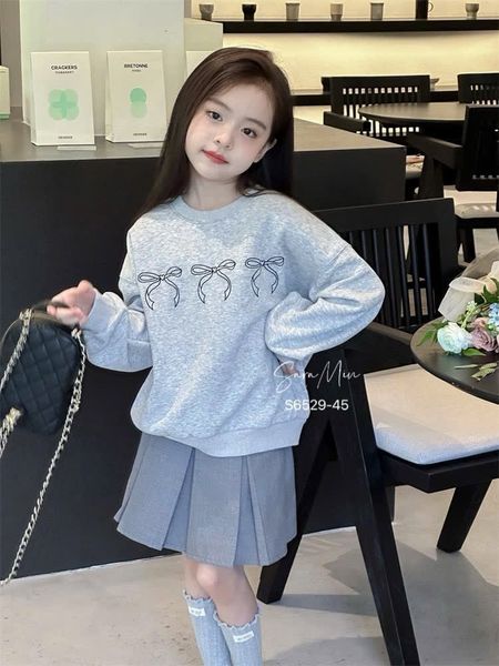V00155 - Set váy Sara Min áo nỉ nơ + chân váy xếp ly mà ghi bé gái size 2-12y